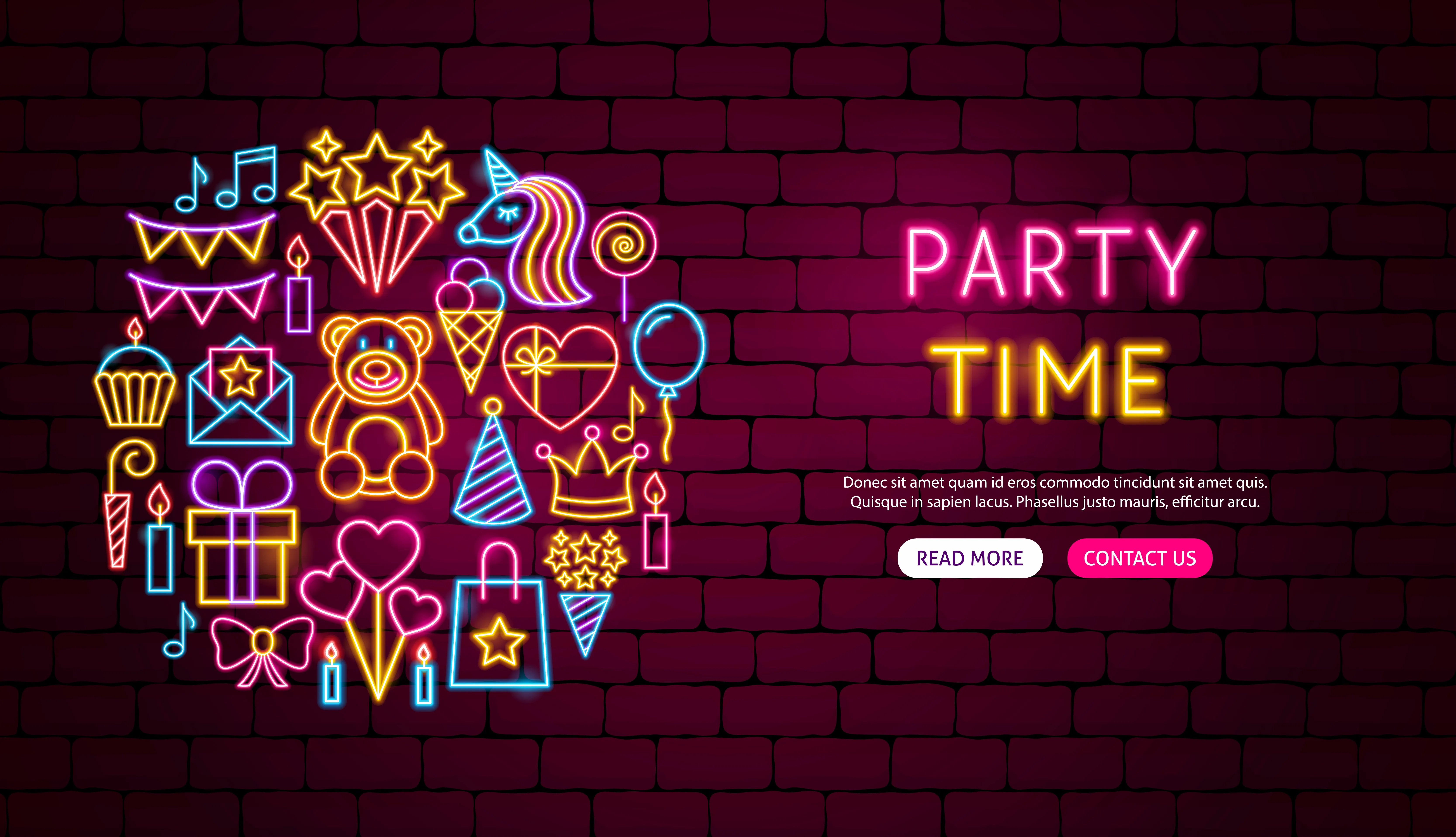 Party time neon banner design - vector illustration of celebration promotion.