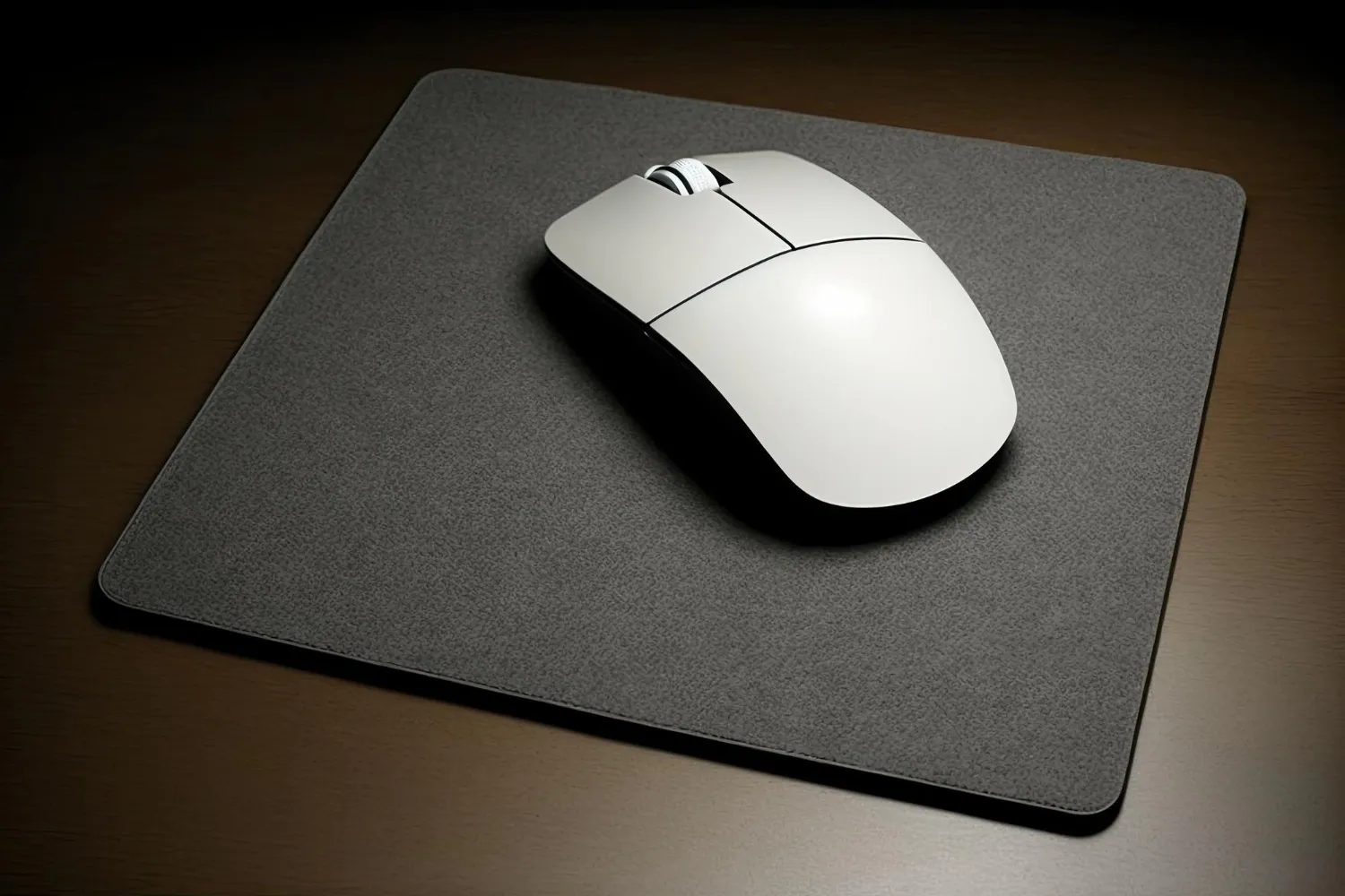 A white mouse is on a black mousepad with a black background.