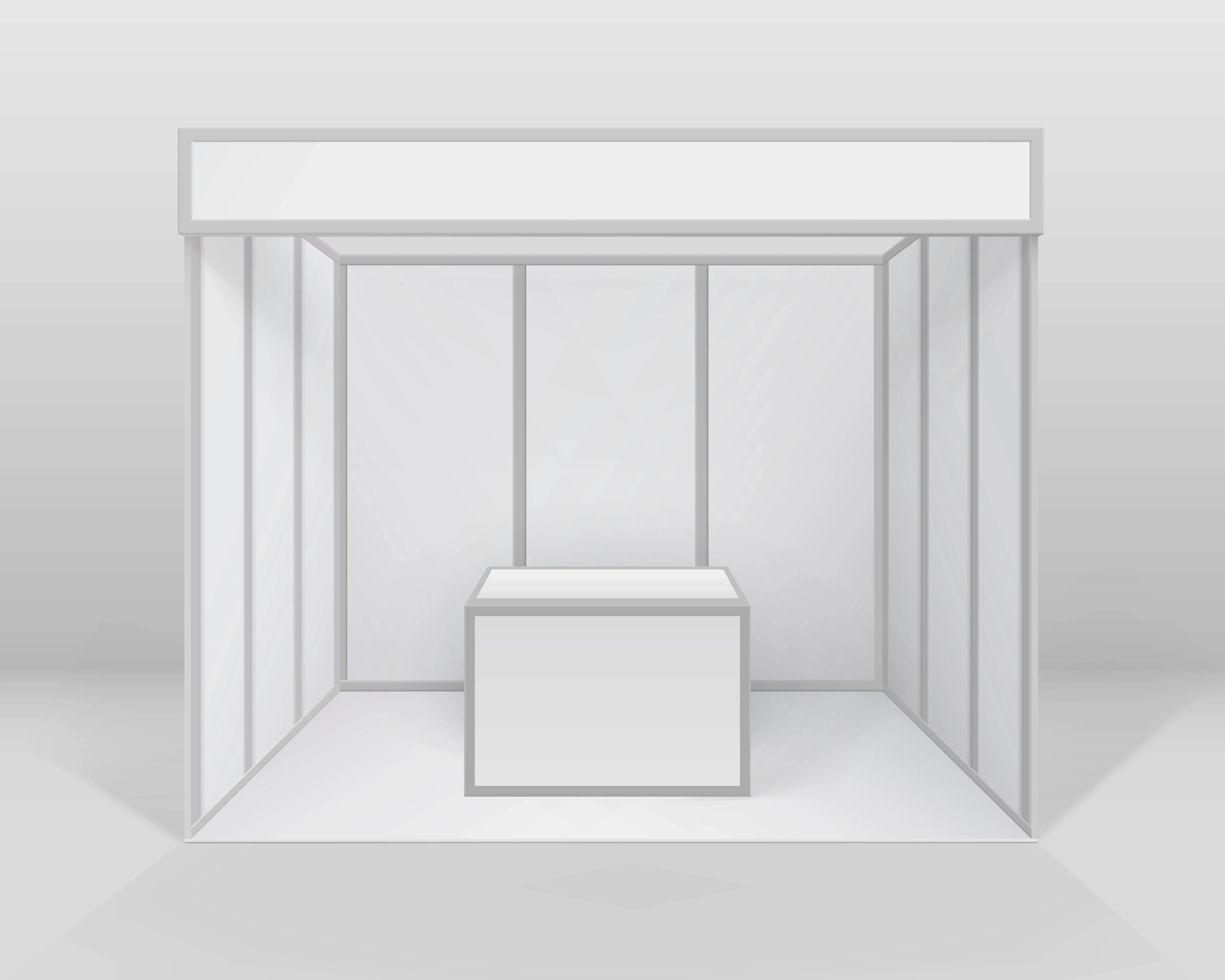 White blank indoor trade exhibition booth standard stand for presentation with counter isolated on background