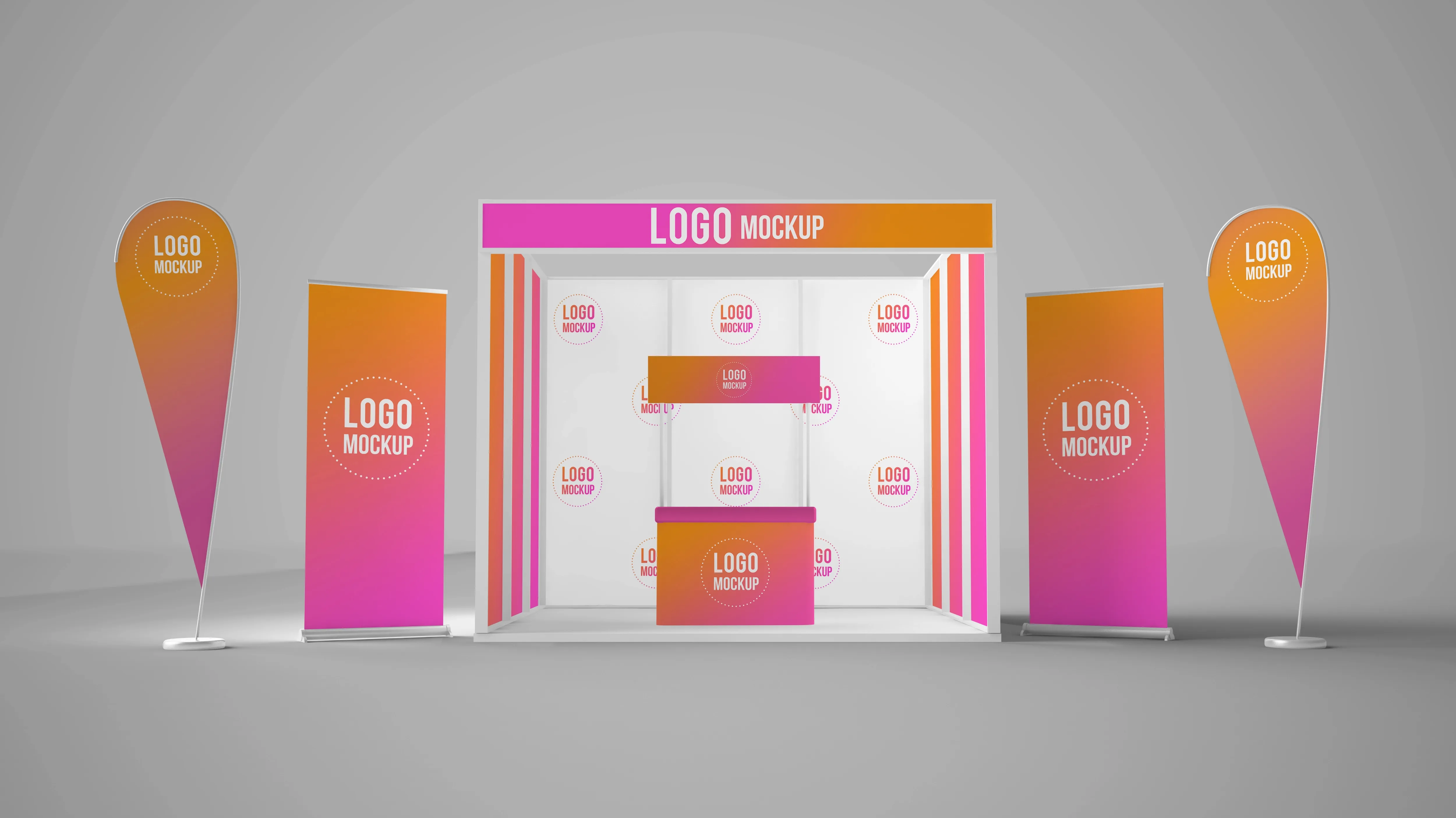 Exhibition booth mockup with banners and rollups