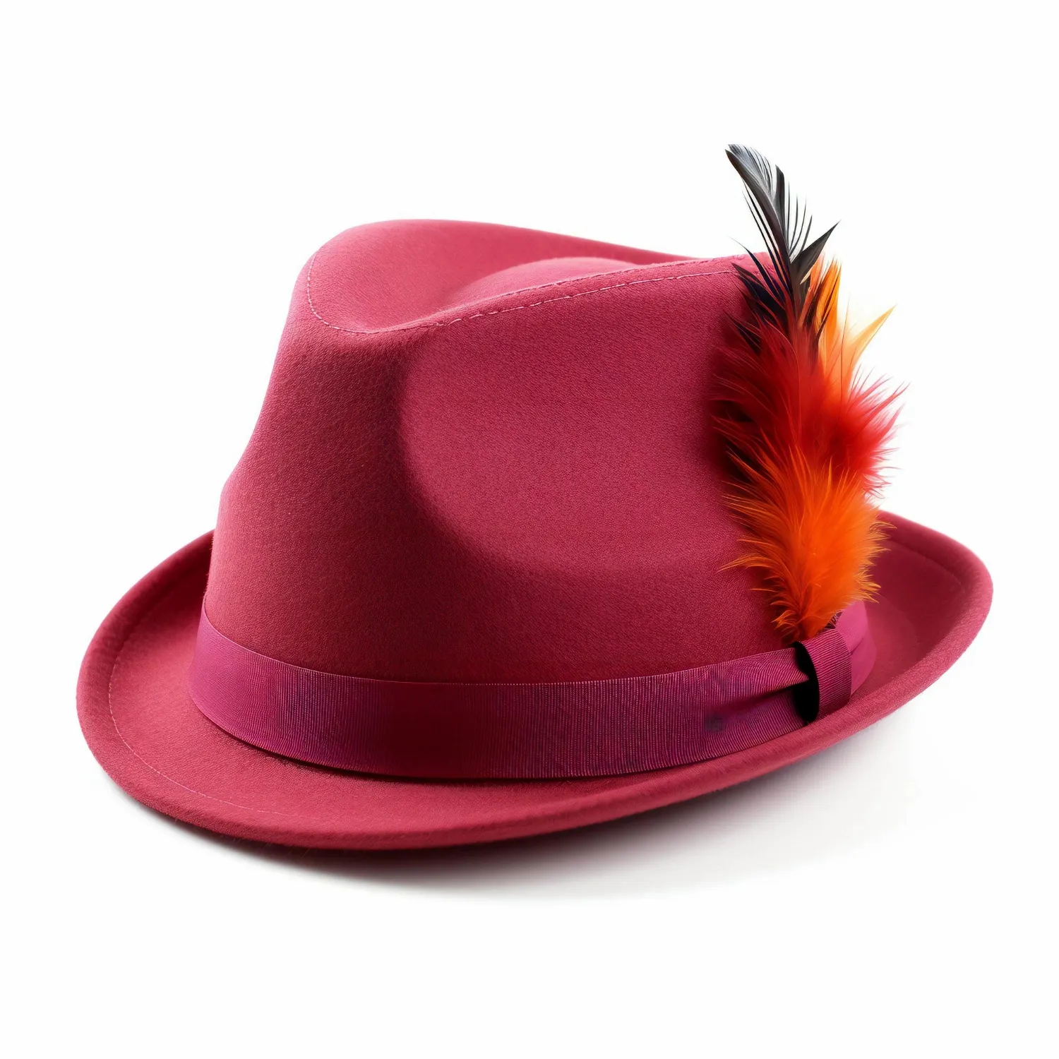 Red hat with feather isolated on white background