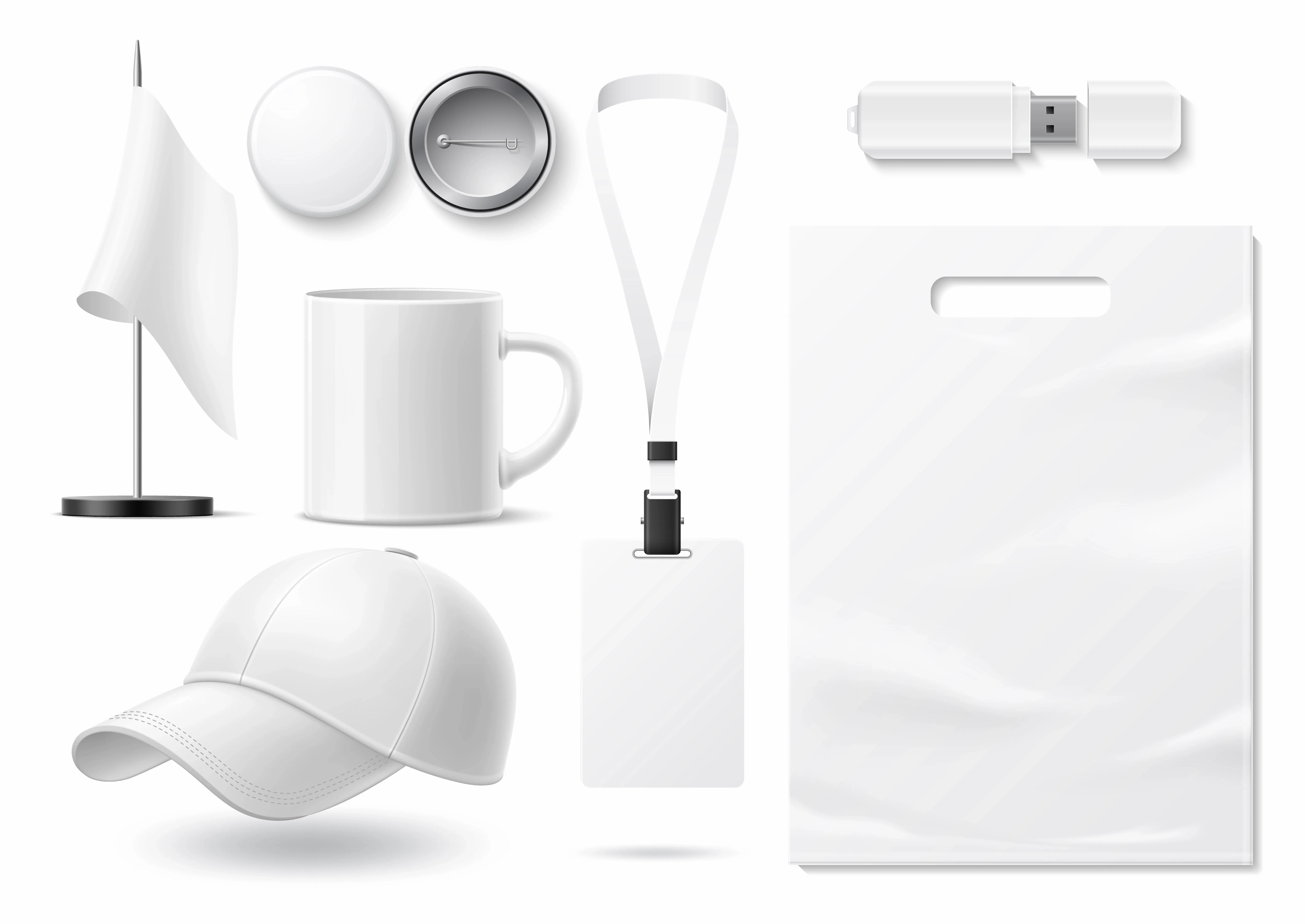 Vector realistic blank merchandise for branding and corporate design mockup set