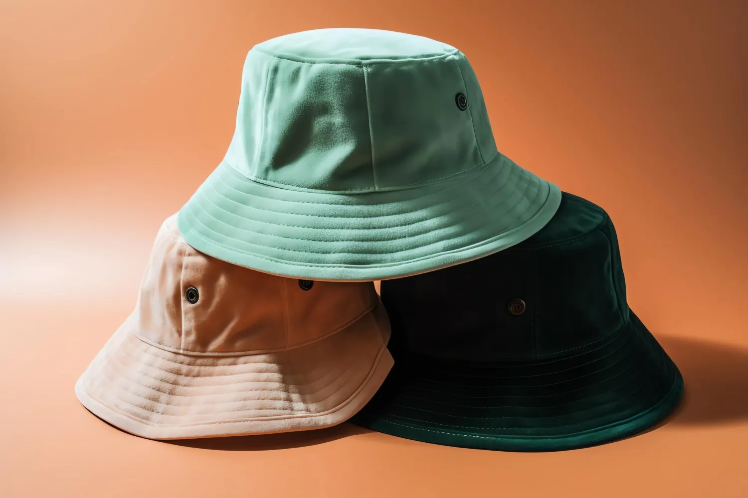Three green bucket hats are stacked on top of each other