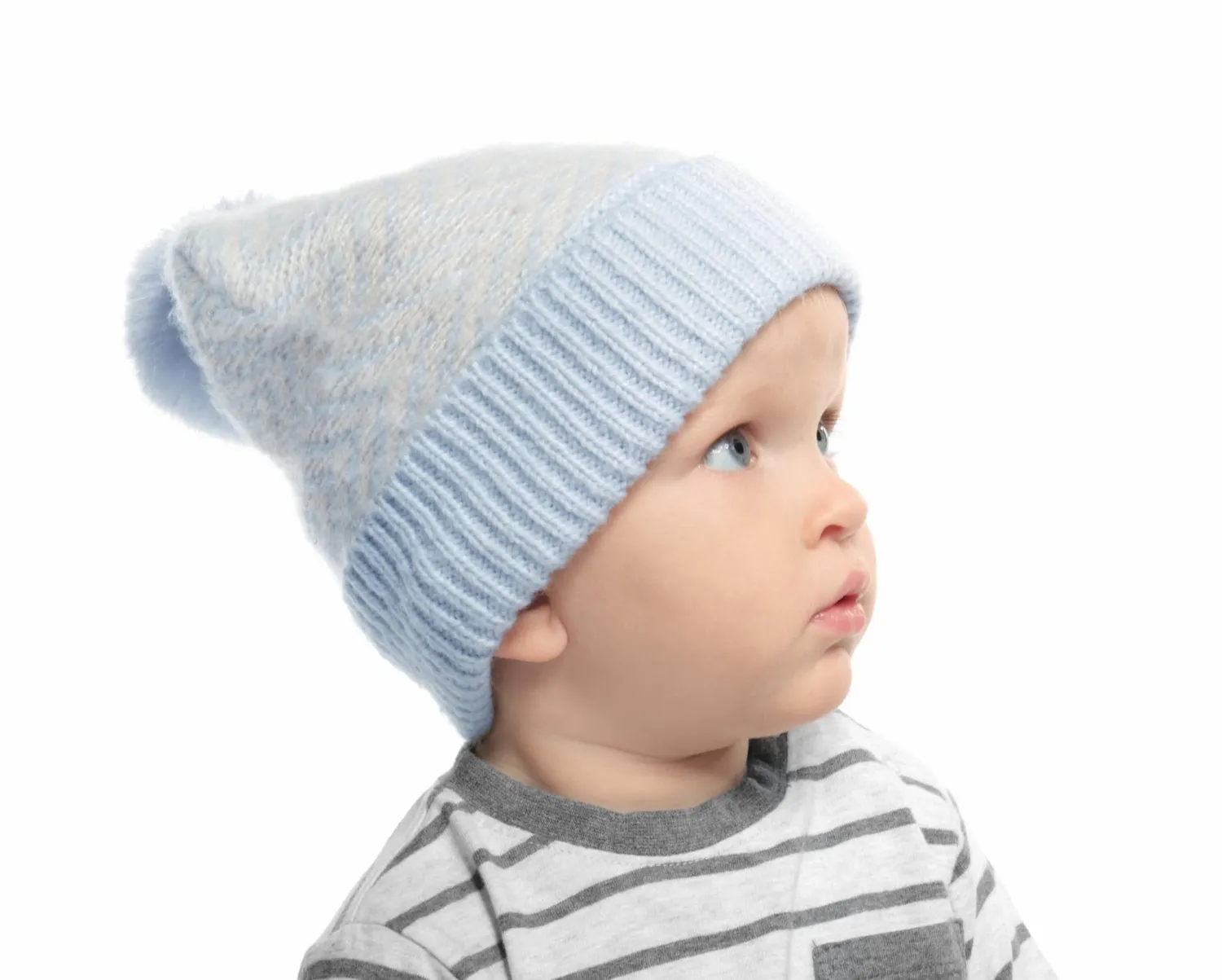 Cute little baby in winter hat isolated on white