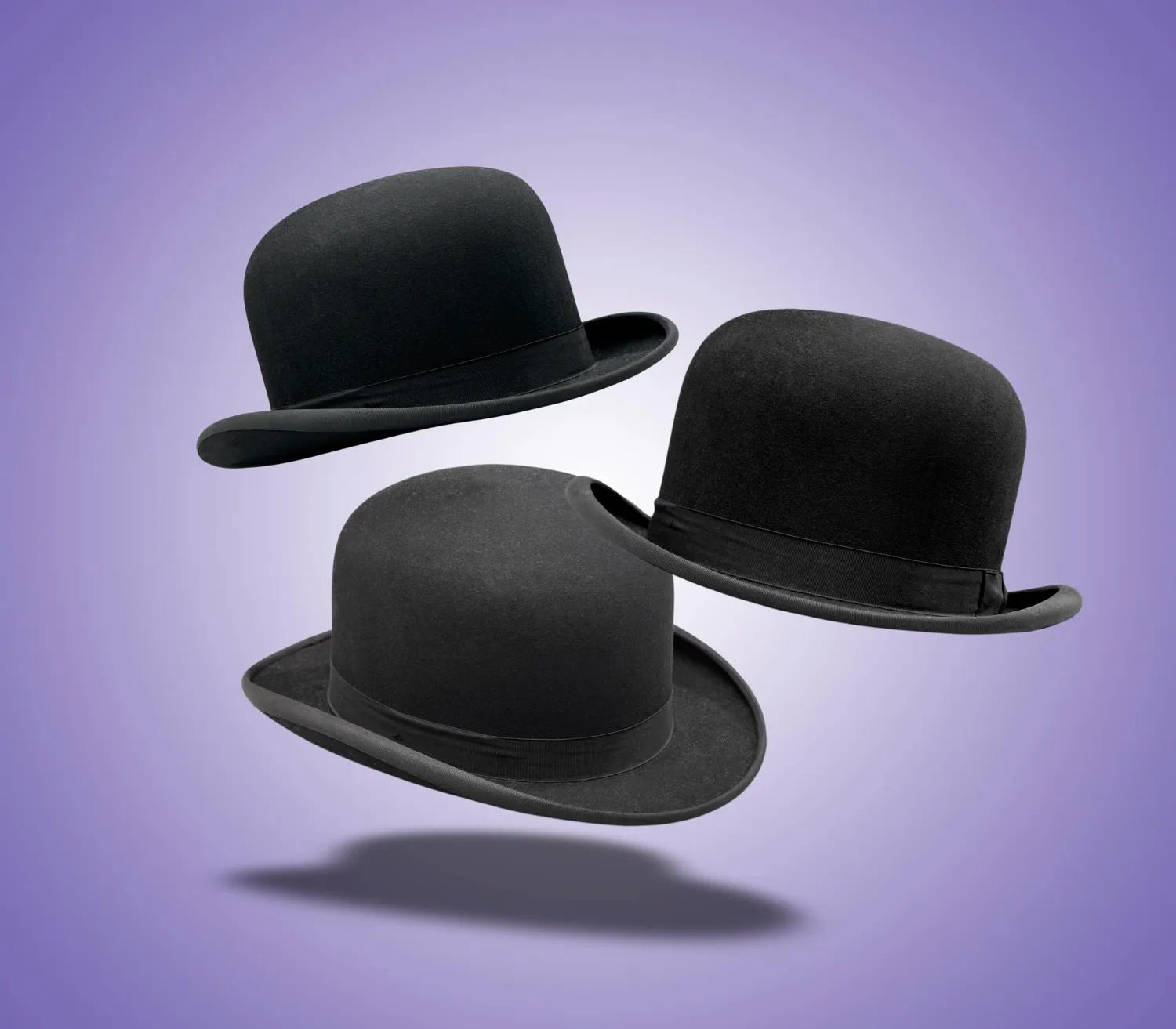 Floating set of stylish black bowler hat