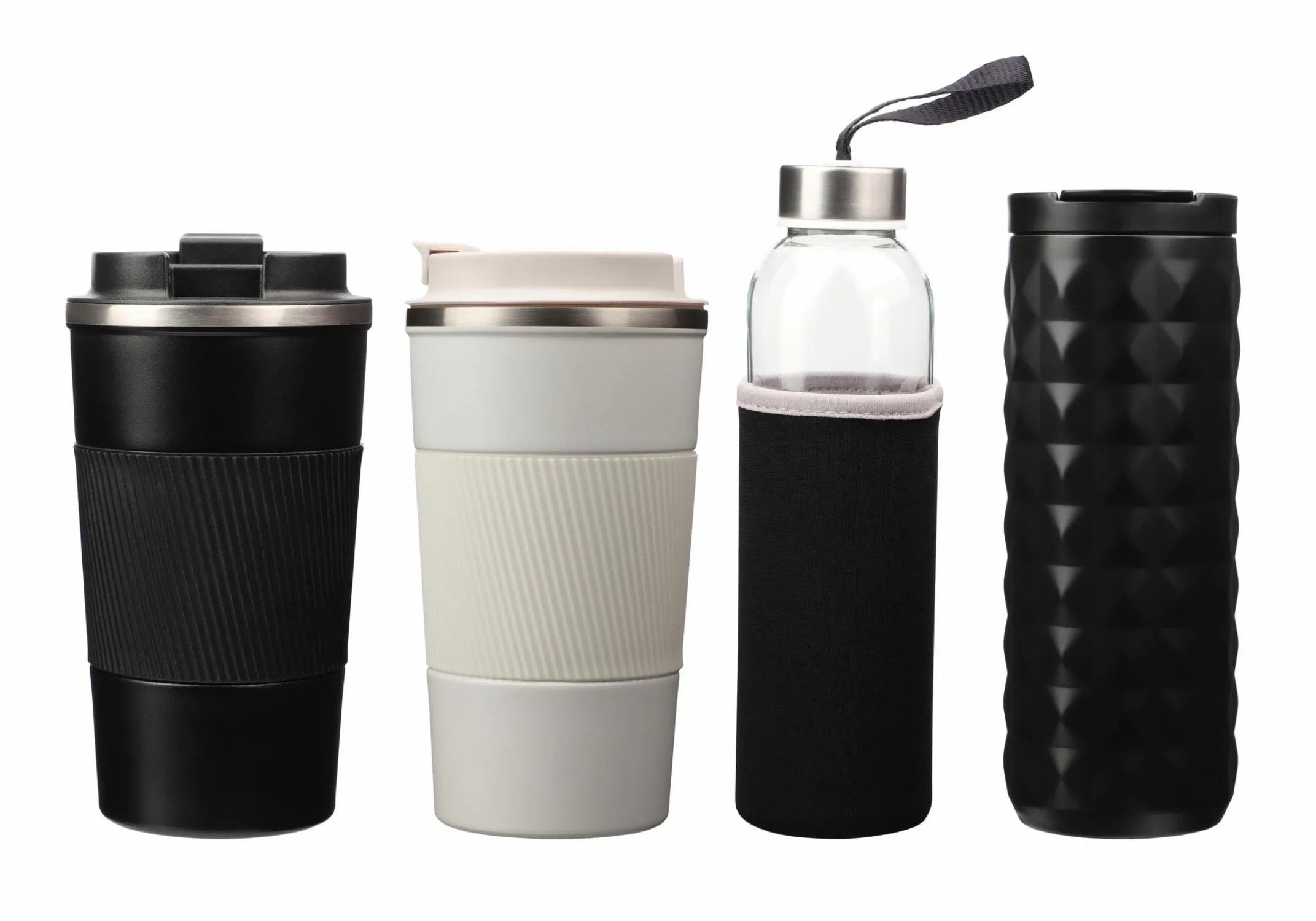 Thermos collection top view isolated background thermoses in different colors and shapes coffee and tea thermos