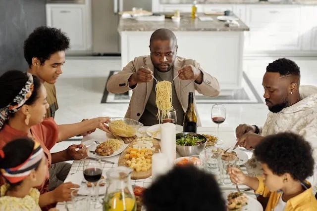 family meal at a rectangle table for tablecloth size for 8-seater rectangular table