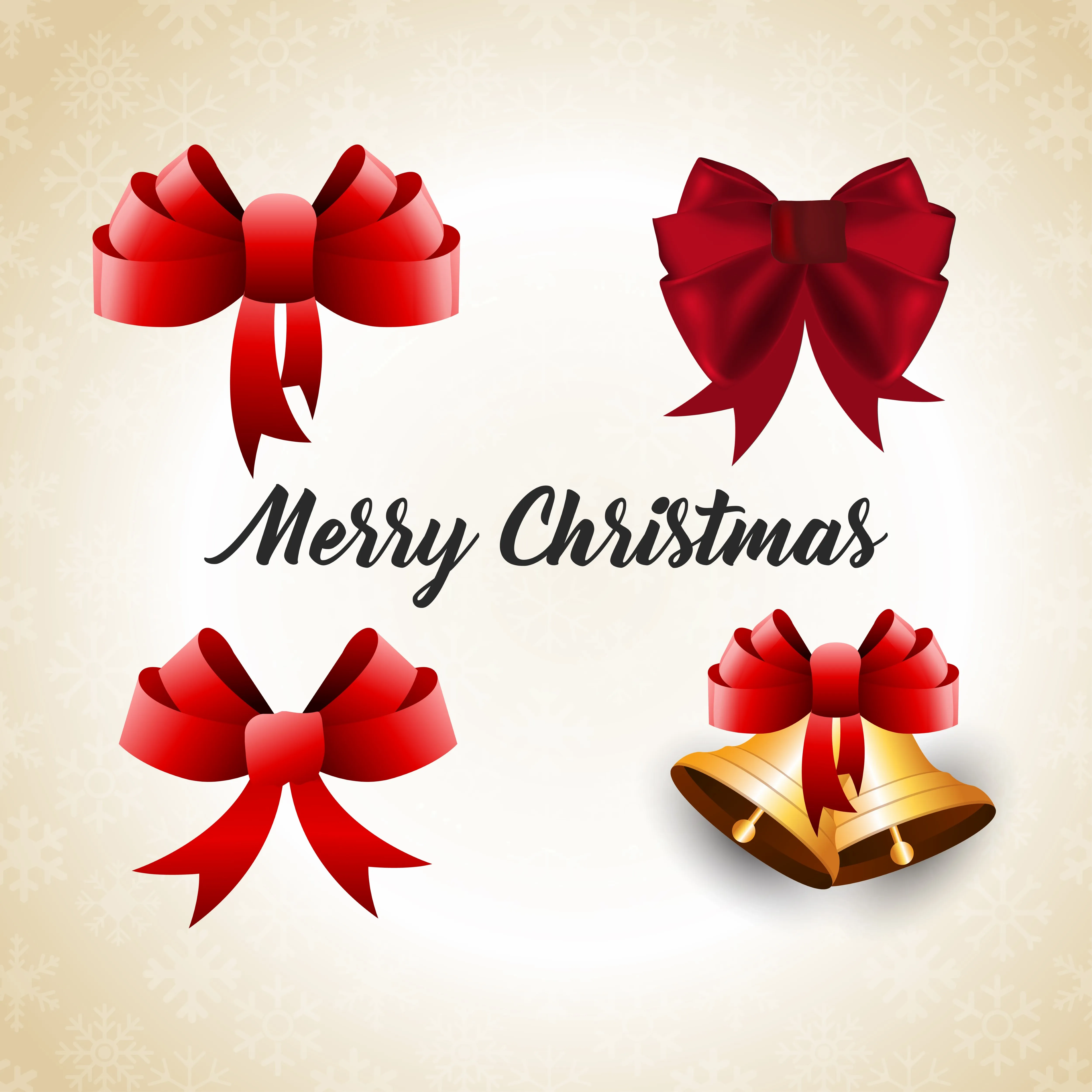 Christmas poster having christmas realistic ribbons and bell and typography on skin background