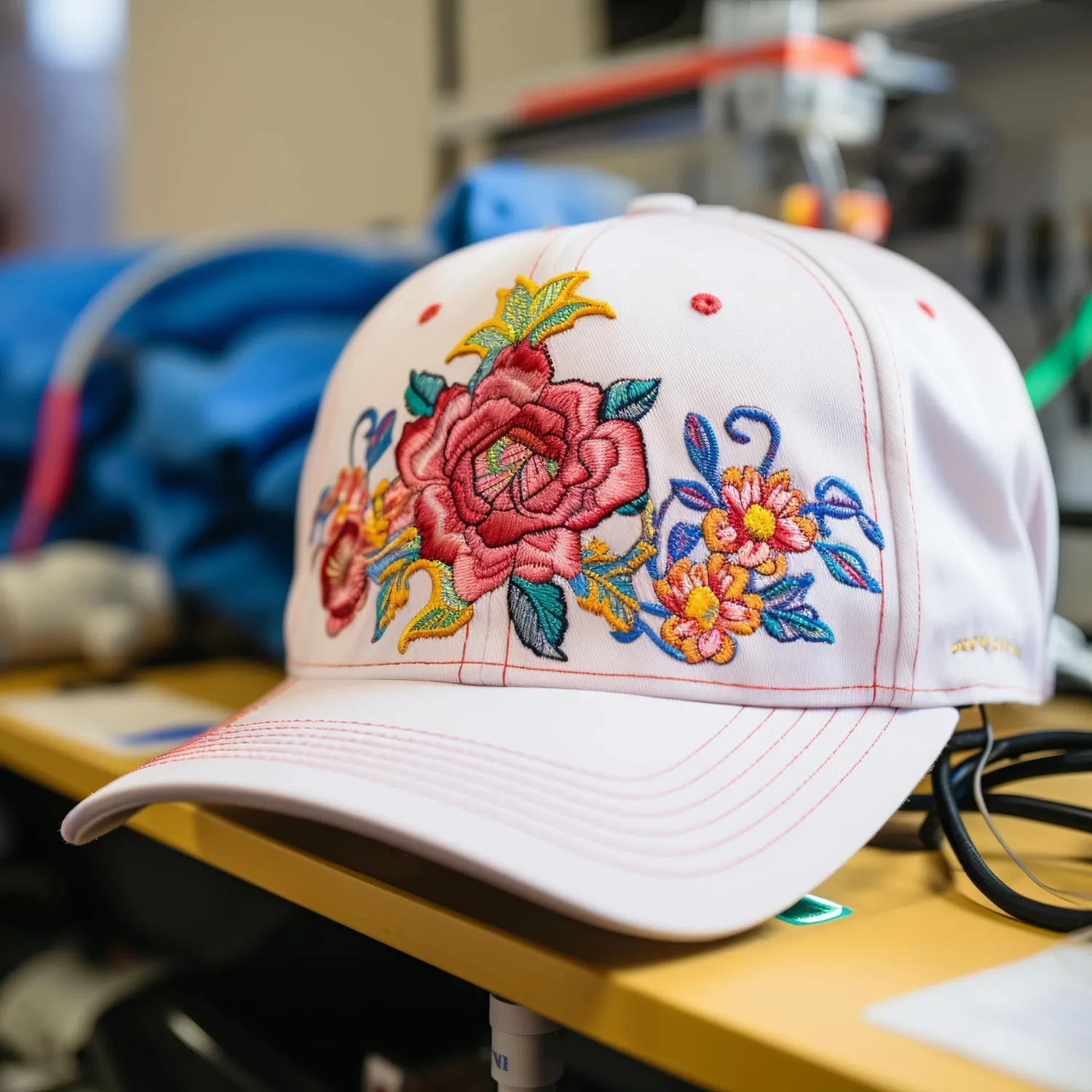 Illustration of Embroidered cap and embroidery machine close up