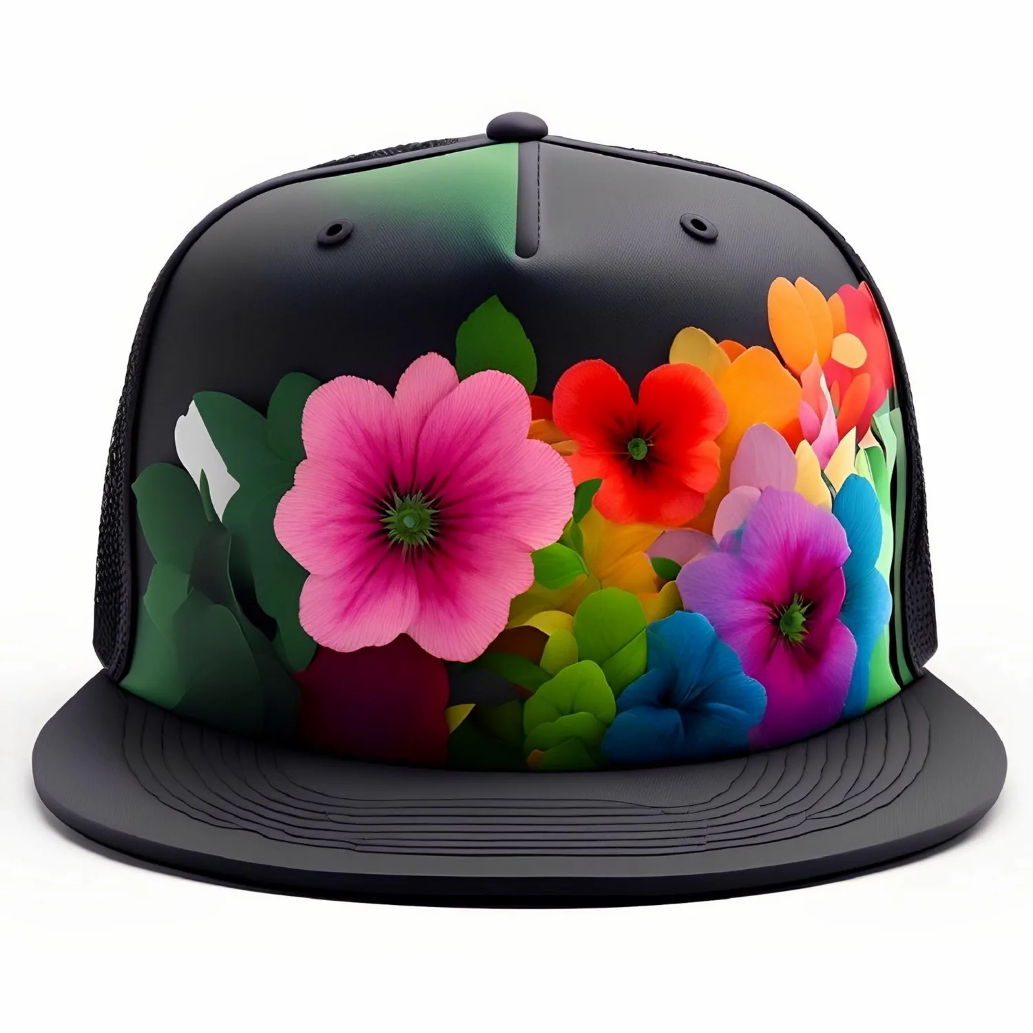 A hat with a colorful design is on a white background