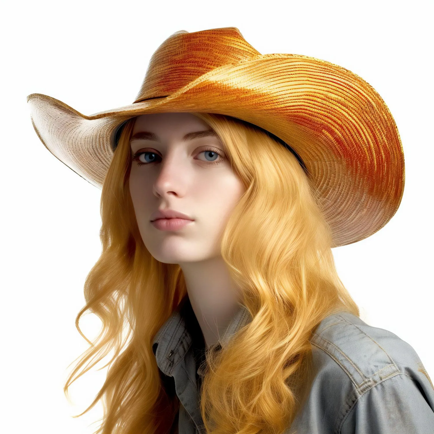Portrait of a beautiful redhaired girl in a hat isolated on white background