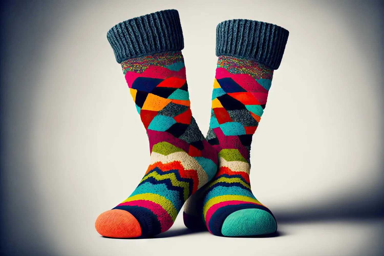 Bright multicolored high and comfortable socks on white background