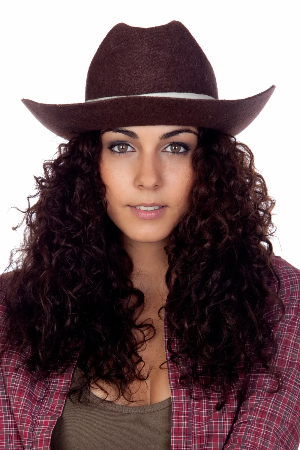 Brunette cowgirl isolated on a over white