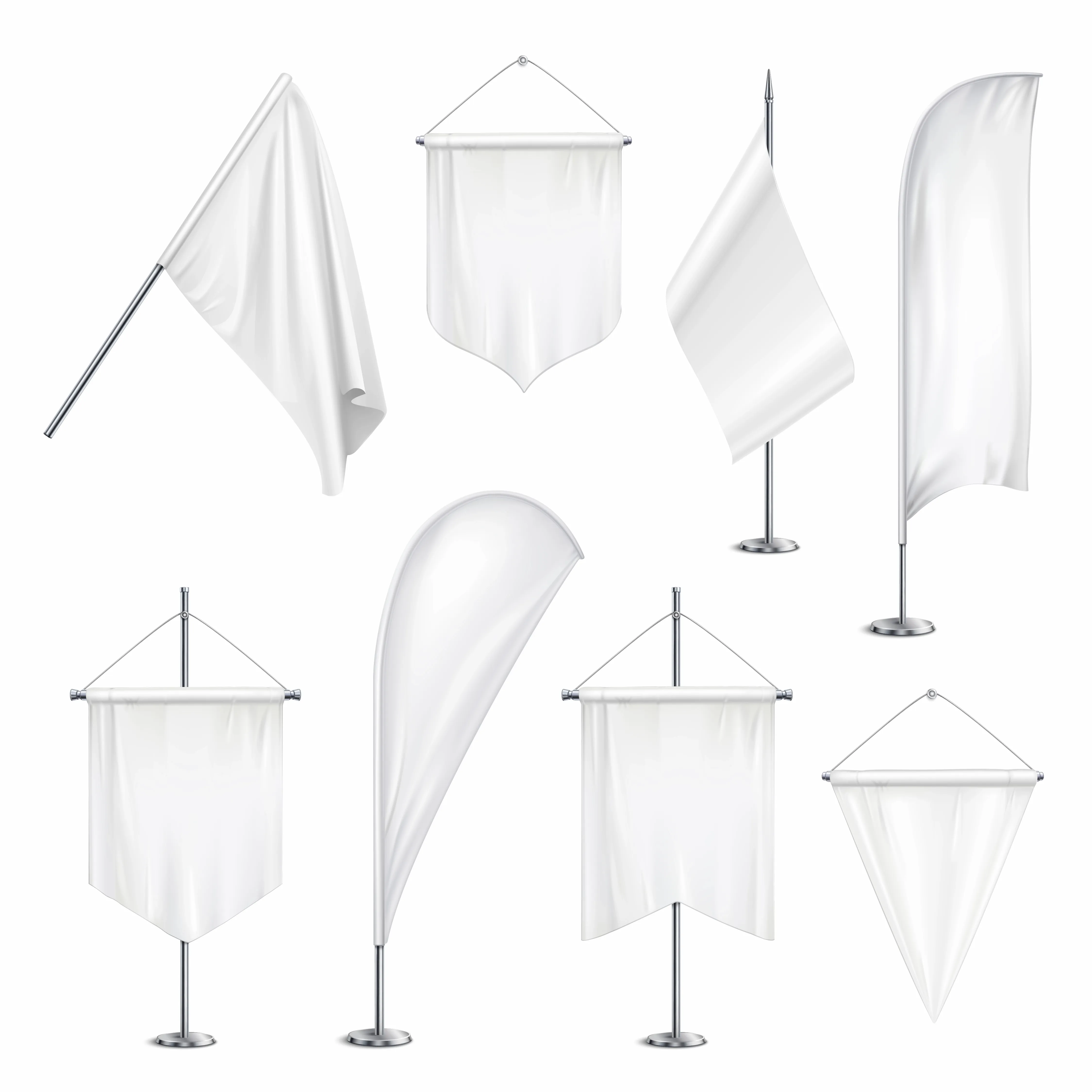 Various sizes shapes pennants banners flags white blank hanging and on pole stands realistic set illustration