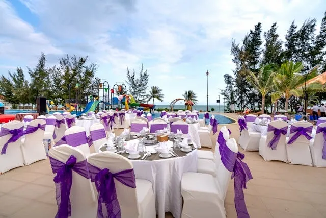 tables at a beachside wedding for wedding tablecloth ideas