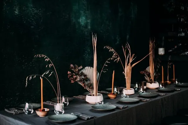 an elegant table setting with a dark theme for table cloth ideas