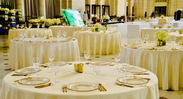 round tables at a dining event for table set up for events