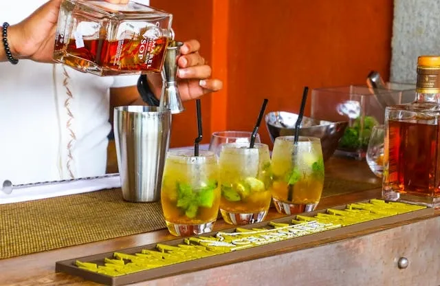 a person mixing cocktails on a counter for cocktail party themes