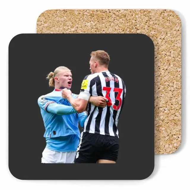 a photo coaster with two men in soccer kits for diy photo coasters