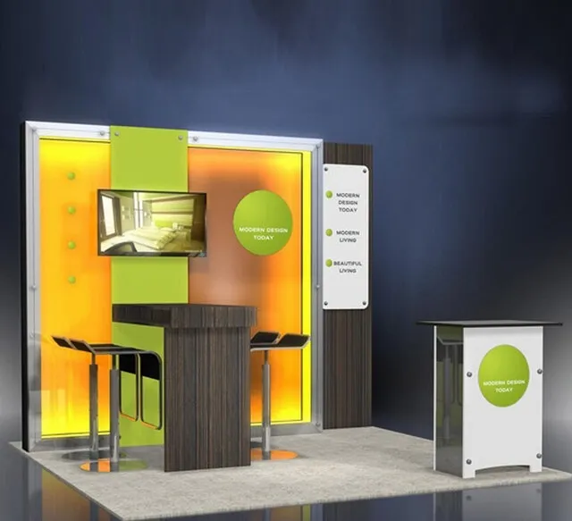 a trade show booth with brand coloring for designing a trade show booth