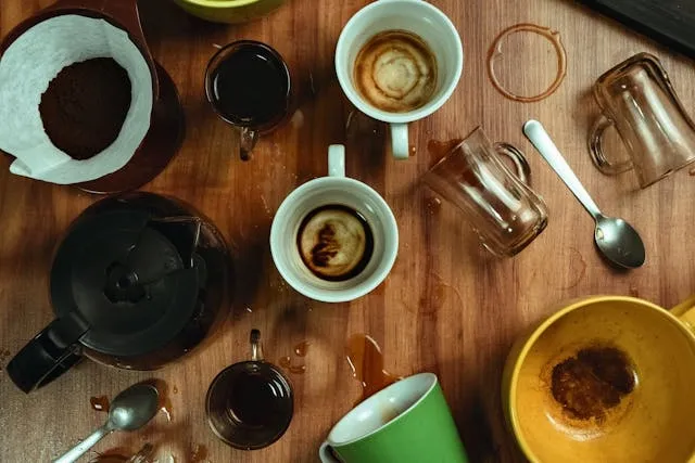 a wood table with various spills and moisture marks for how to get water stains out of wooden tables