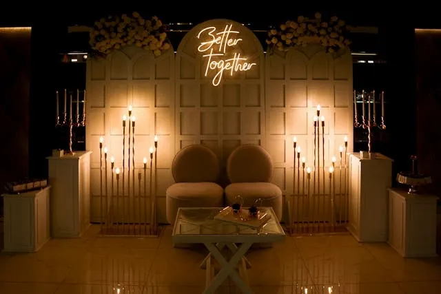 an intimate space with a neon sign that says better together for what size neon sign for wedding