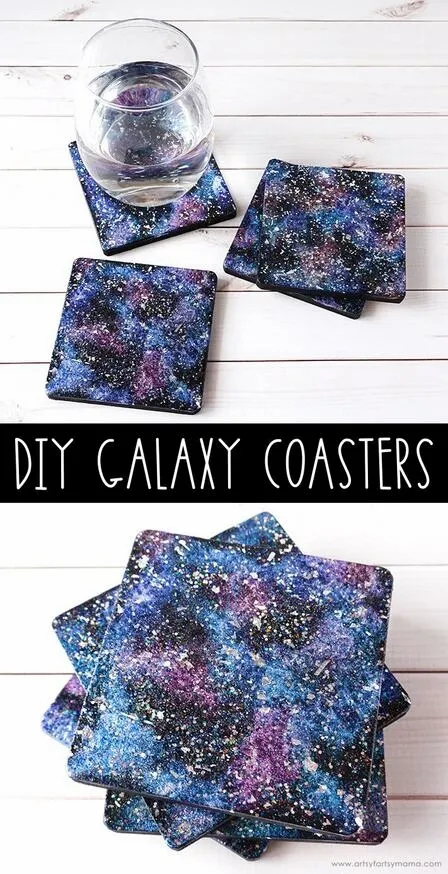 Pinterest image for galaxy cup coaster ideas